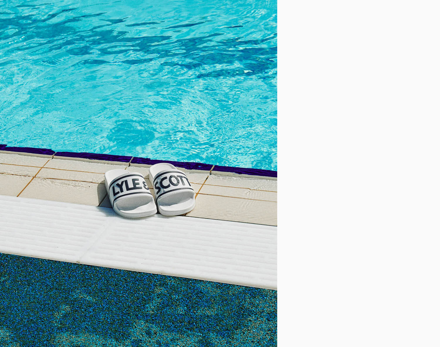 Lyle and Scott poolside white sliders at Charlton Lido 