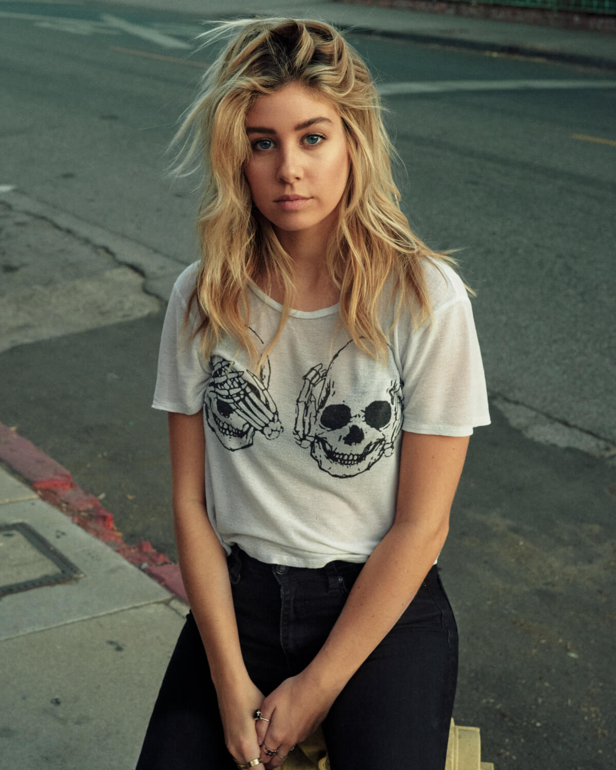 girl wearing t-shirt two skulls  by lifestyle photographer 